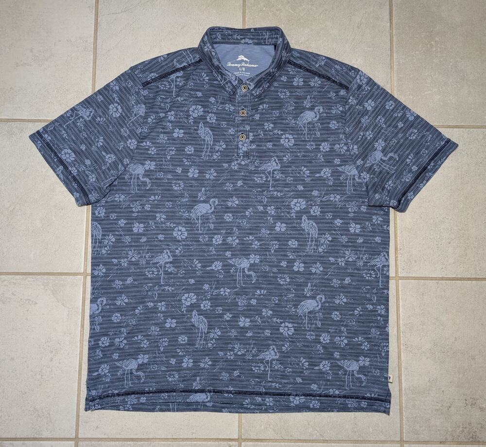 Tommy Bahama Men's Large Polo Shirt Blue Floral Bird Print Short Sleeve